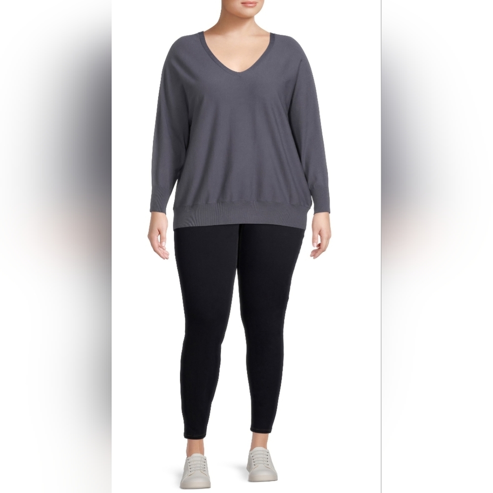 Terra & Sky Women's 1X Plus Size V-Neck Sweater Dolman Sleeves Gray Soft Knit EC